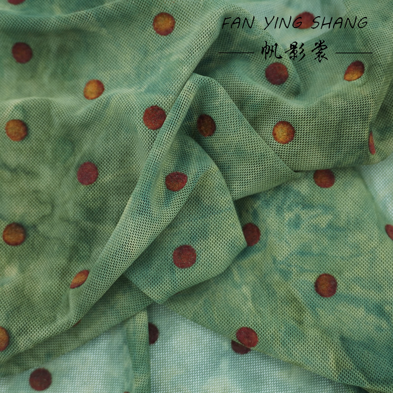 Sewing Tie Dye - グリーンポルカドットメッシュ絞り染め植毛生地ドレス Telas Para Costura Tissus Couture