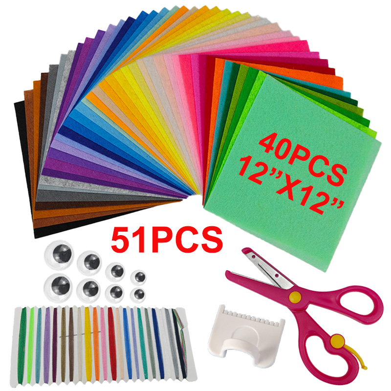 Sewing Thread In Textile - DIY材料縫製キット51セット、30X30CMの正方形不織布フェルト生地、厚さ1mm、はさみ、揺れる目、針と糸