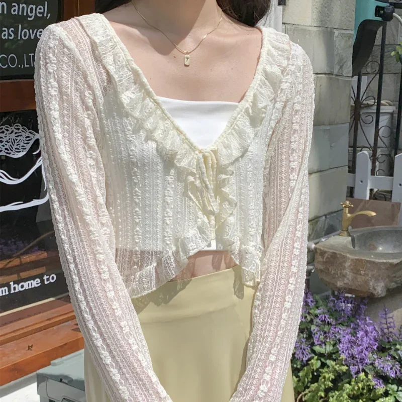 Sewing V - 女性用サマーサンプロテクションコート、レースボウフリルカーディガンシャツ、女性用ブラウストップス、女性用カバーブラウス、ホワイトY2K韓国風シャツ