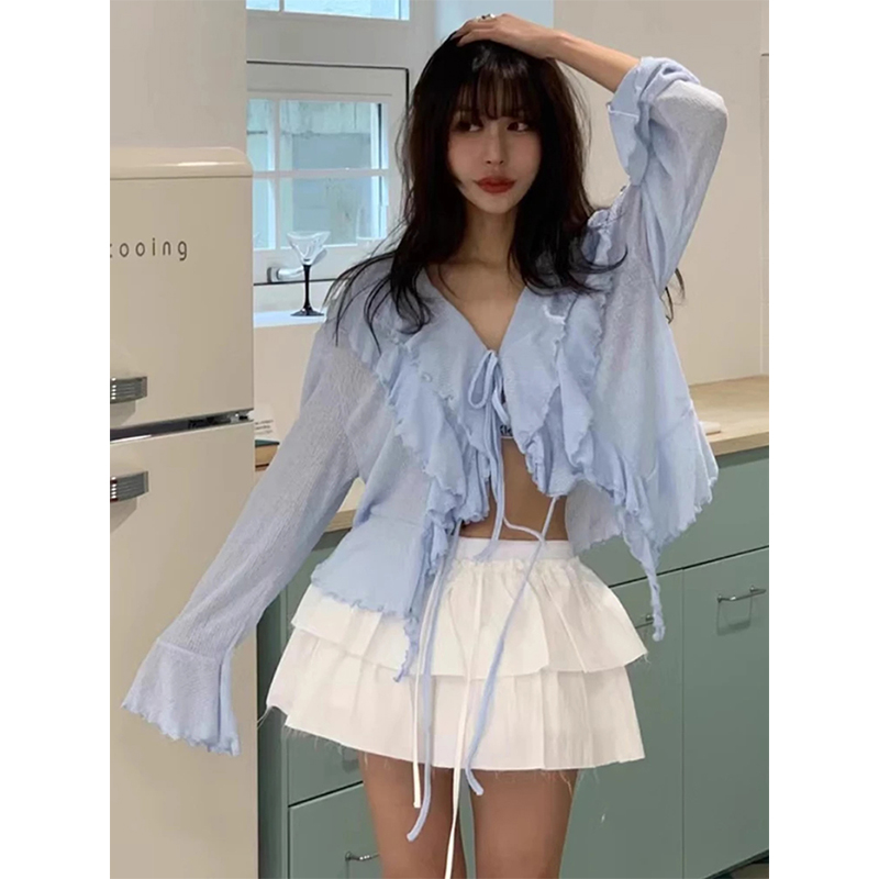 Sewing V - MEXZT クロップ白シャツ女性のファッションフリル包帯ピンクブラウス夏の韓国 V ネックフレア長袖カーディガントップス新