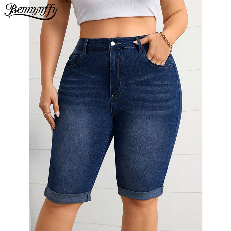 Sewing Hemming - Benuynffy プラスサイズヴィンテージミッドウエストロールヘムペンシルジーンズ女性夏ウォッシュブルーストレッチデニムハーフパンツストリートウェア