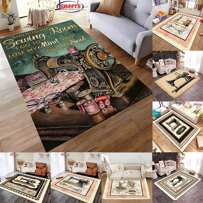 Textile Sewing Store - 新商品迅速発送！ヴィンテージミシン柄プリントカーペット、複数サイズ選択可能、ホームウェアショップ向け高級ラグ