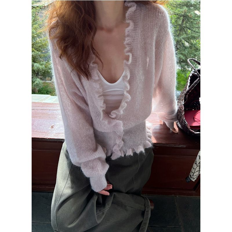 韓国風Vネックフリル付きスイート長袖カーディガン レディース - Sewing Knit のレビューと価格