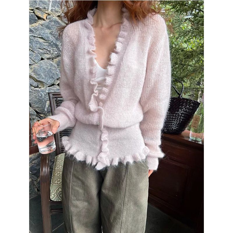 韓国風Vネックフリル付きスイート長袖カーディガン レディース - Sewing Knit のレビューと価格