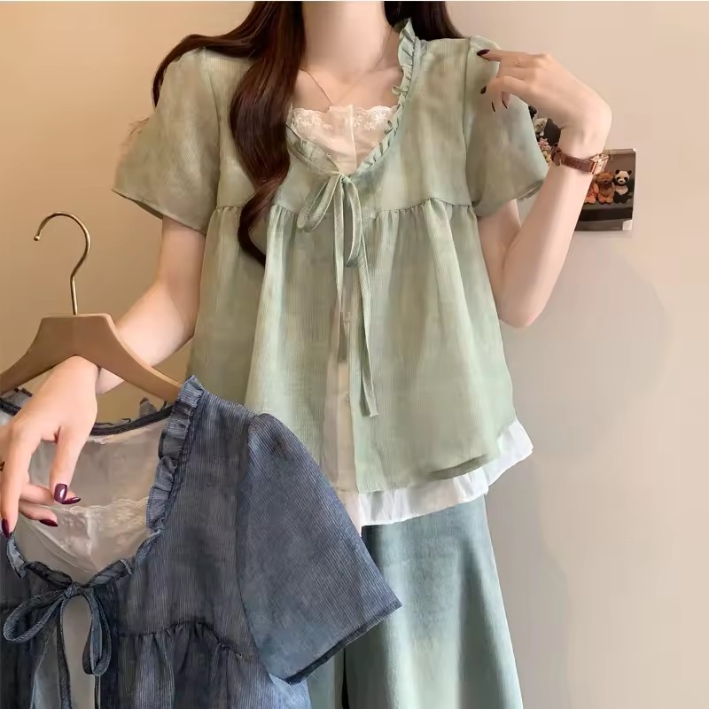 女性のスプライス偽ツーピースレースシャツ 2025 新しい夏 - Sewing V のレビューと価格