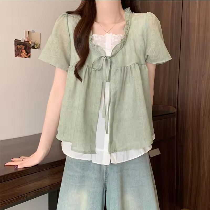 女性のスプライス偽ツーピースレースシャツ 2025 新しい夏 - Sewing V のレビューと価格