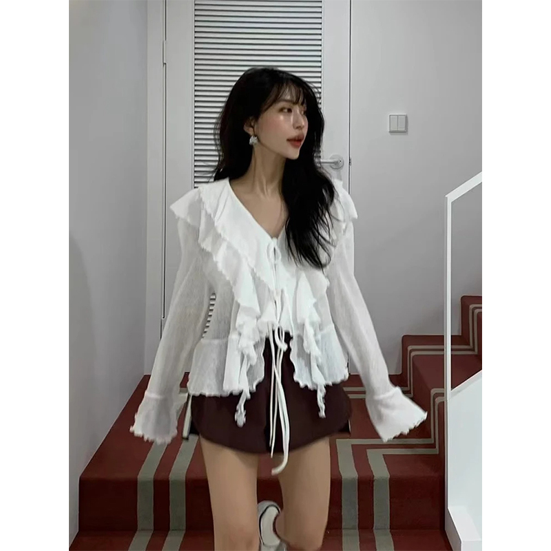 MEXZT クロップ白シャツ女性のファッションフリル包帯ピン - Sewing V のレビューと価格