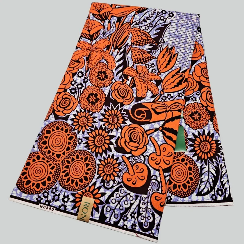 6ヤードの長さの綿アフリカスタイルワックス生地、オレンジの花 - Sewing Batik Fabric のレビューと価格