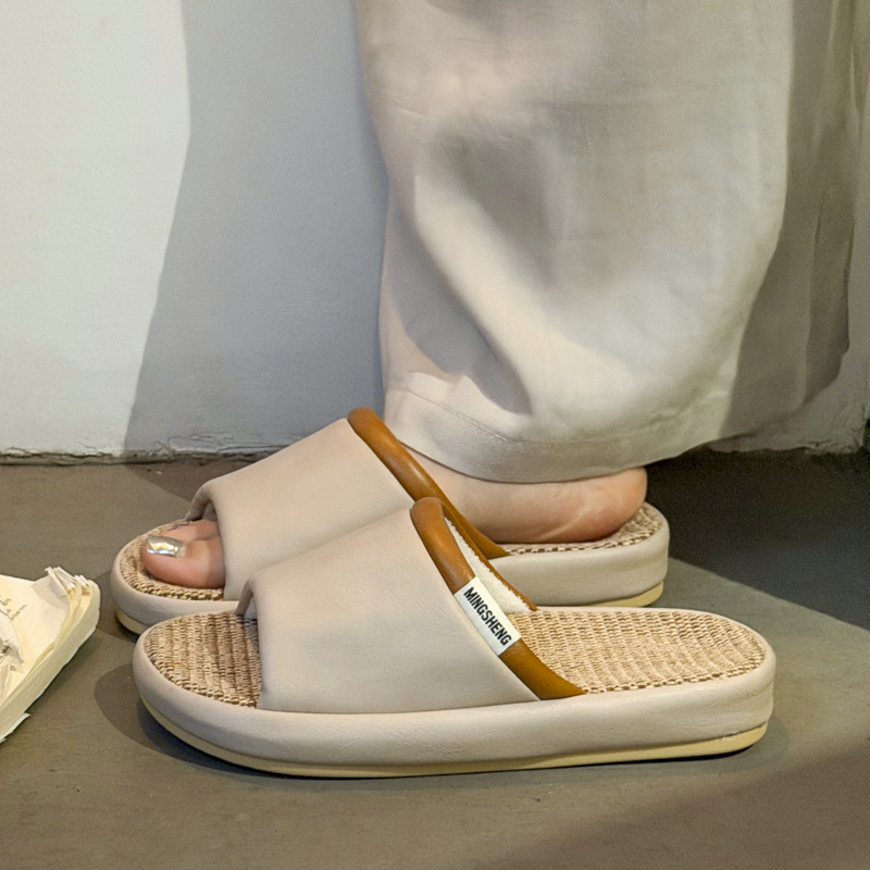 通気性のある新しいリネン製ハウススリッパ、女性用オープントゥ - Sewing House のレビューと価格